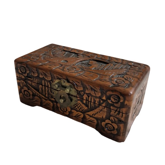 Antique Asian Scenes Hand Carved Ornamental Wood Box/Brass